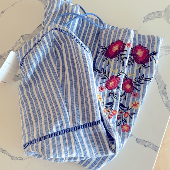 Blue and White Stripe Floral Romper - Picture 1 of 7